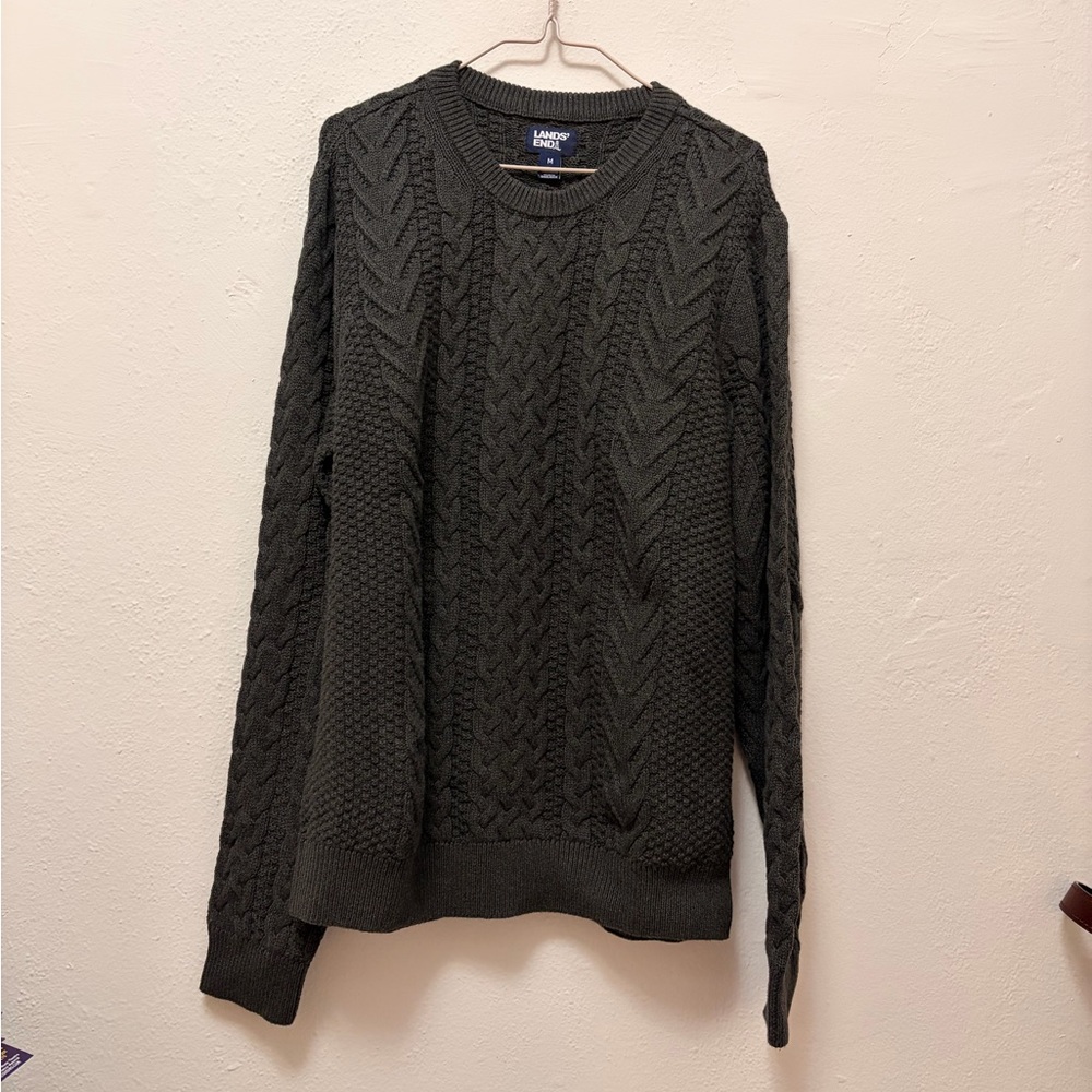 Lands' End Men's Charcoal Cable Crewneck Sweater